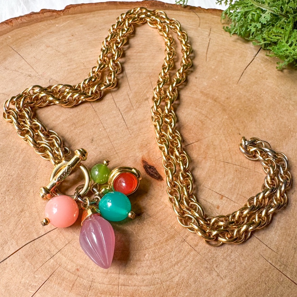 Jesara Vintage Necklace Gold Toggle Pastel Lucite Charm Cabochons Pendant Lariat
